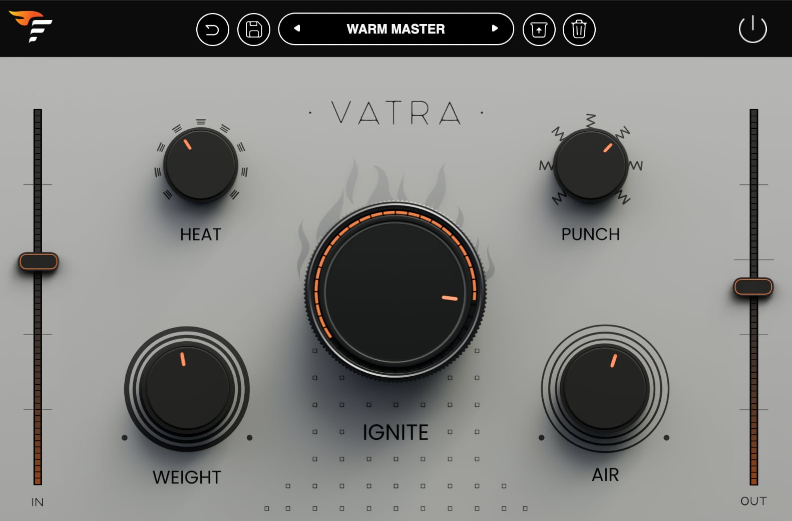 The actual VATRA plugin interface: IGNITE big knob, HEAT, PUNCH, WEIGHT and AIR controls, IN/OUT sliders