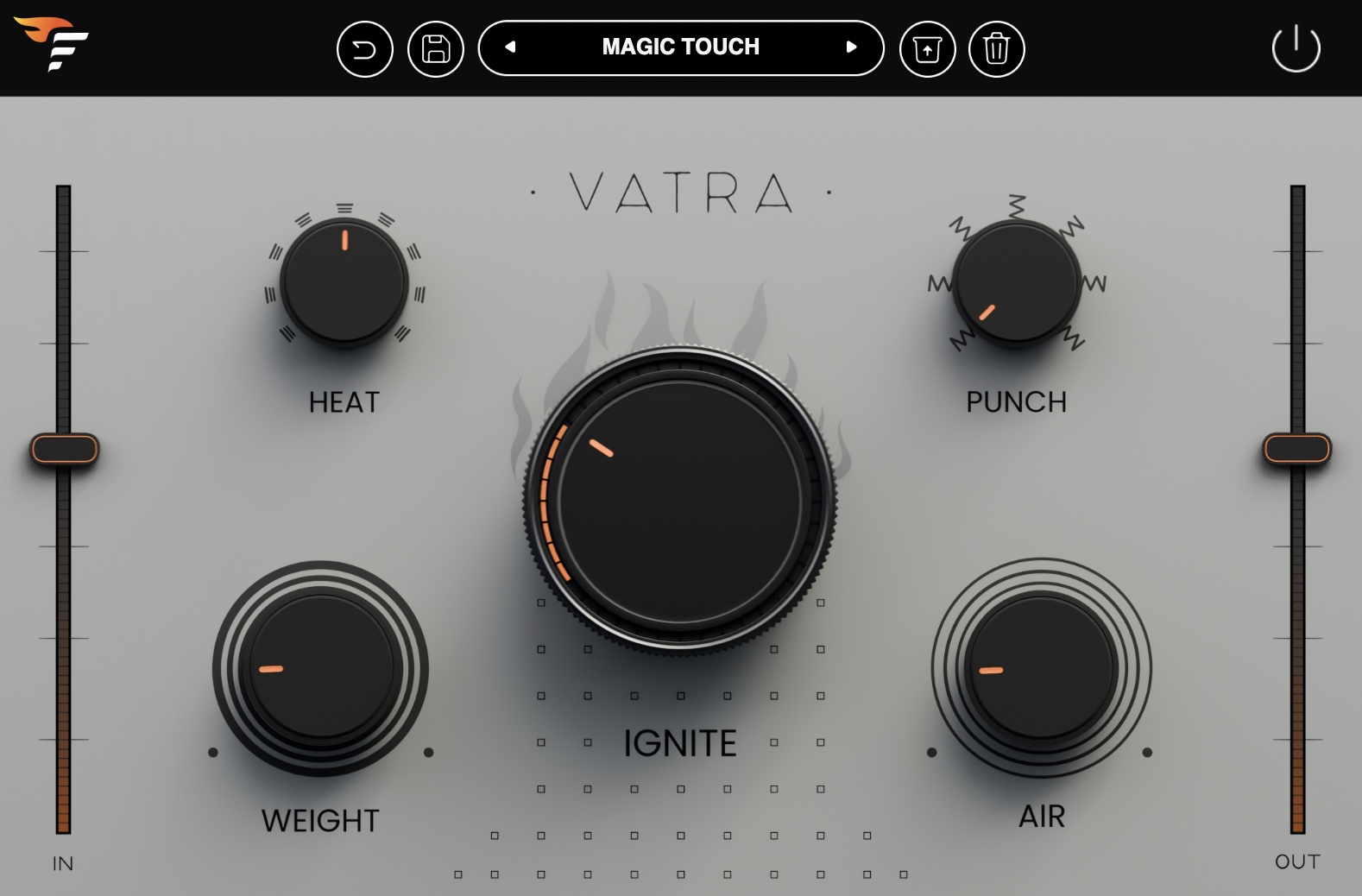 VATRA plugin — the actual interface: IGNITE big knob, HEAT, PUNCH, WEIGHT and AIR controls, IN/OUT sliders