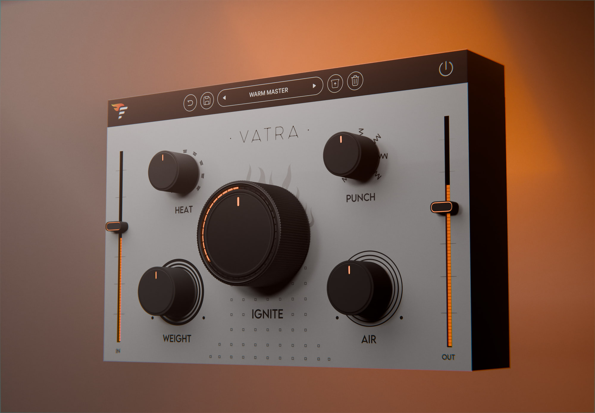 VATRA — warm angled studio render in orange light, Warm Master preset